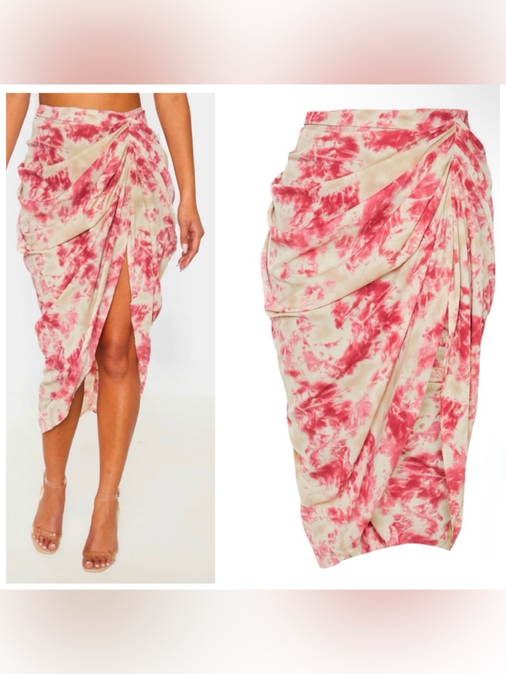 PrettyLittleThing Pink Cream Tie Dye Ruched Draped Midi Skirt Size 12 Large